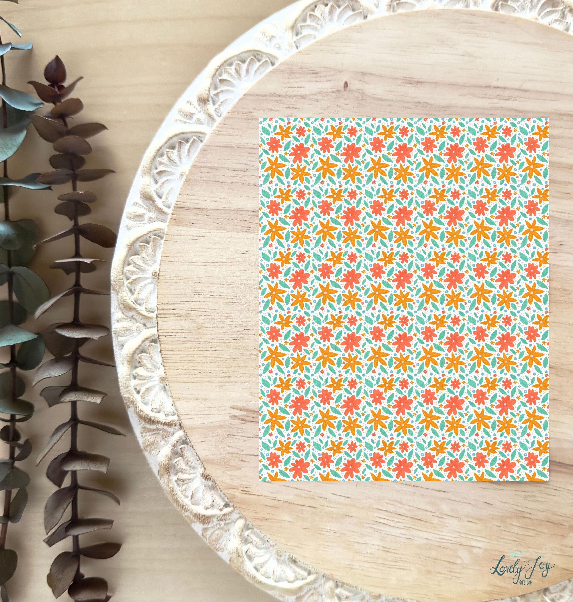 Coral and Orange Floral Water Soluble Transfer Sheet for Polymer Clay
