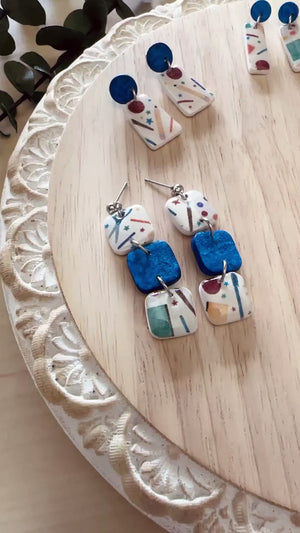 Blue Diamond School Supplies Print Polymer Clay Dangle Earrings